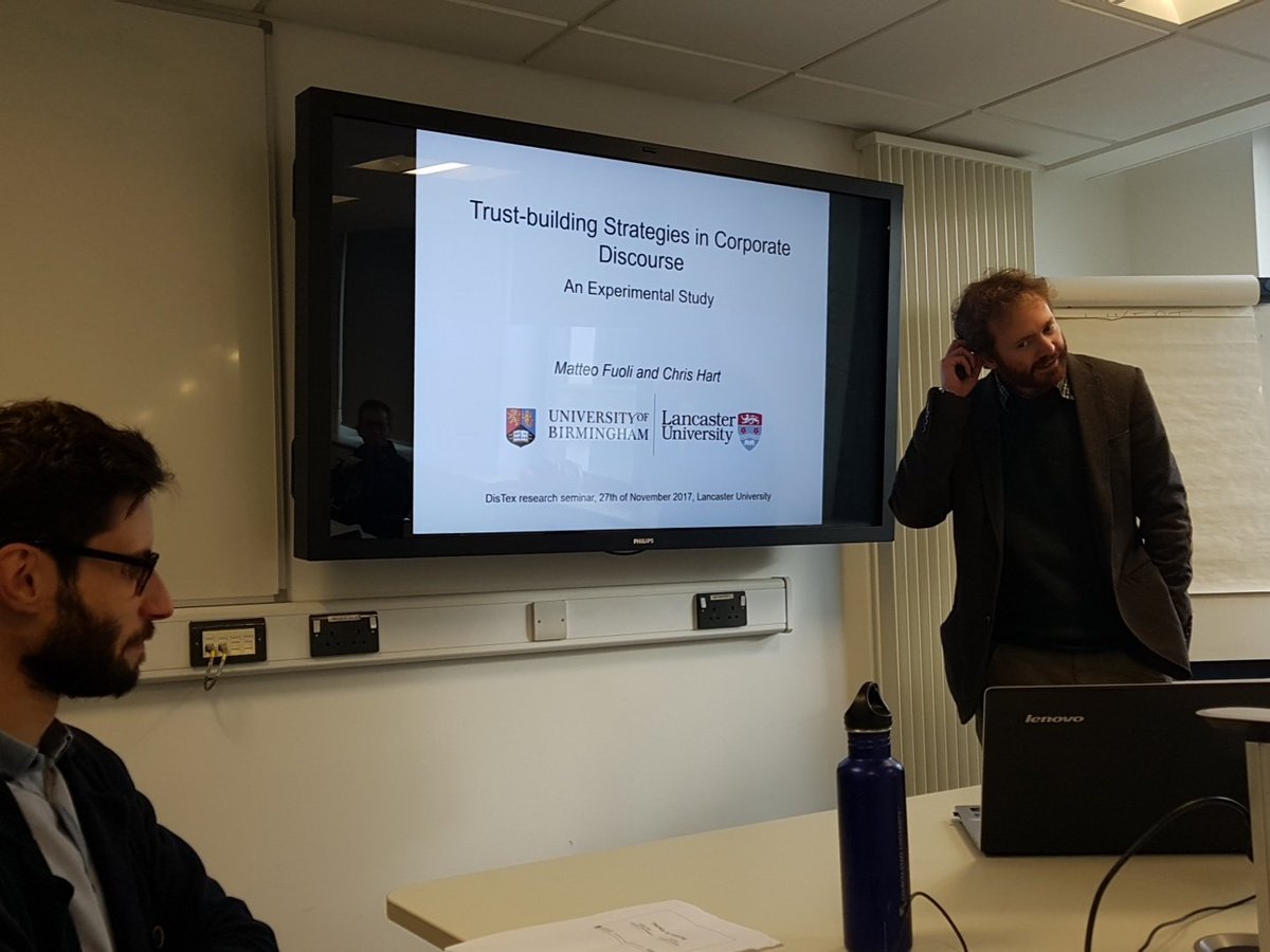 VeronikaKoller's tweet photo. @_chris_hart and @MatteoFuoli presenting an experimental study  on trust-building strategies in corporate discourse at @DisTex_LU https://t.co/b9O7hAAUGy