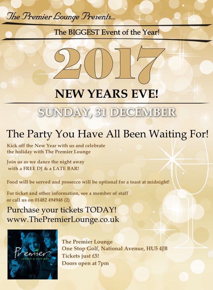 premierloungeHU's tweet photo. Tickets for our New Years Eve party are now available! For just £5 the limited spaces we have will go so please pop in and grab them while you still can!🥂✨ https://t.co/uCsxSZPbXA