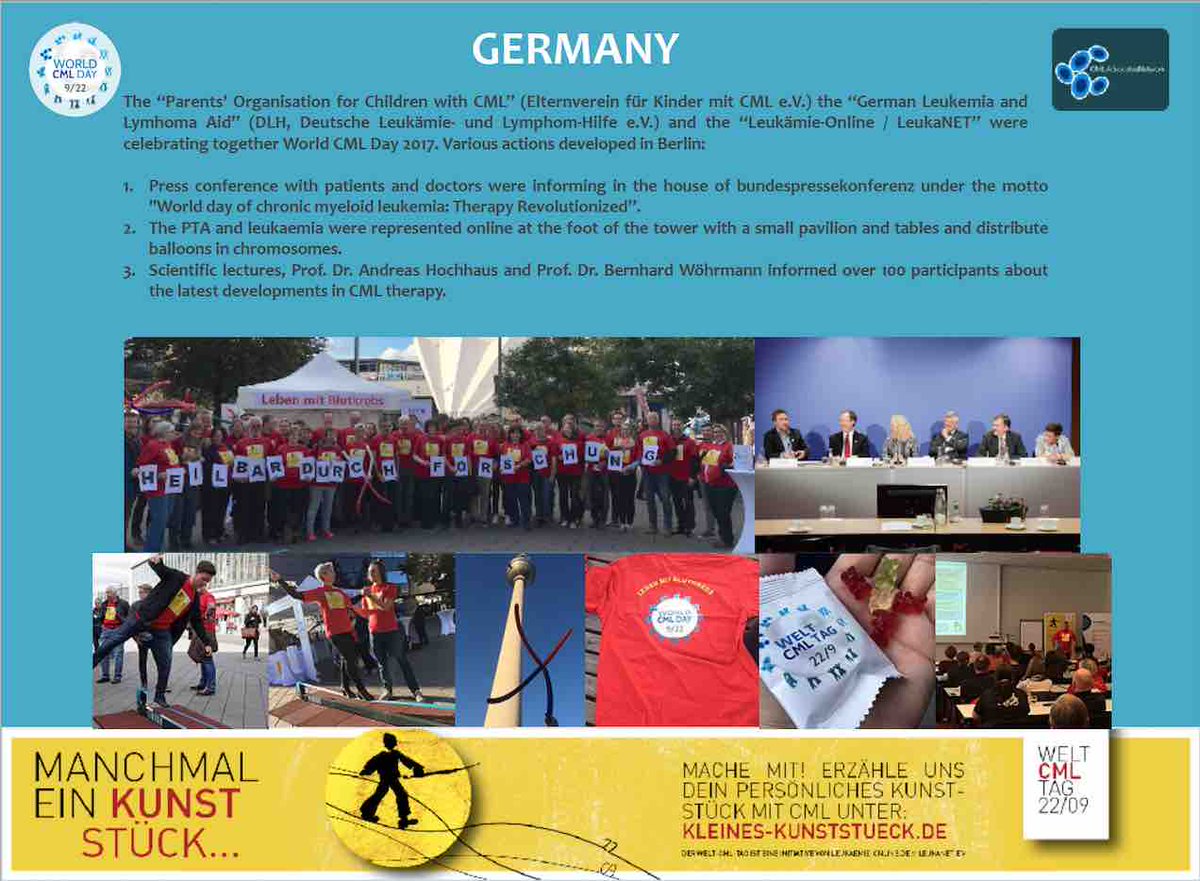 cmlnet's tweet photo. In #Germany: 3 #CML #patient organizations were participating in #WCMLDay17 on 9/22. Great example of #patient collaboration #TodayTogether, congrats! All activities here: https://t.co/ubuoQCPJuI #advocacy #awareness @leukade @jangeissler @coyueayyu https://t.co/yTlv6kBGEs