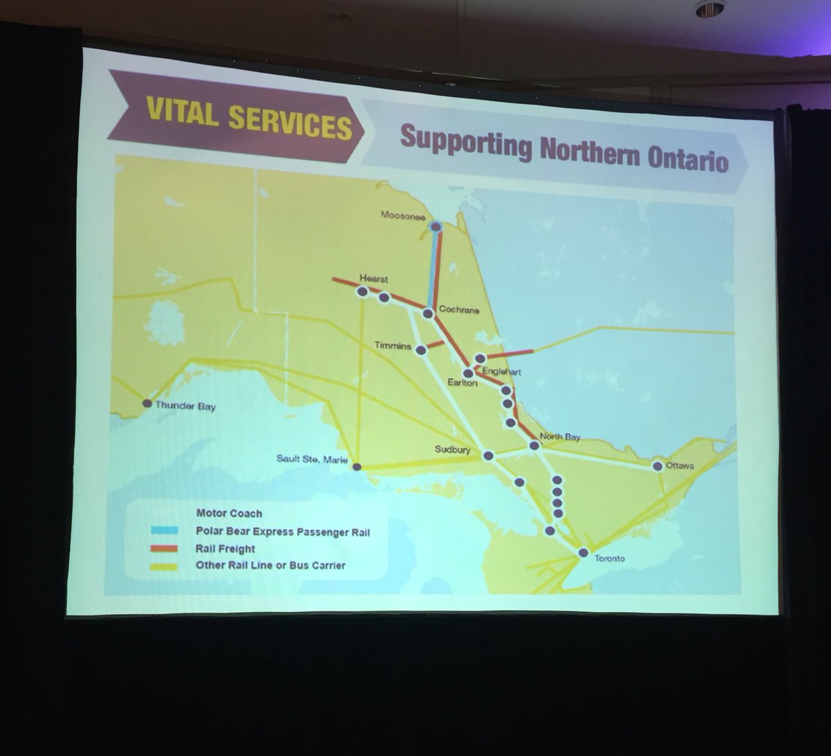 _RCCAO's tweet photo. Corina Moore, CEO, Ontario Northland: 700 miles of railway track in Northern Ontario. 57, 131 bus passengers per day. Need to regonize the importance of intercity bus and rail transportation in Northern Ontario. #TransportFutures https://t.co/MlIJ8Uu5Xx