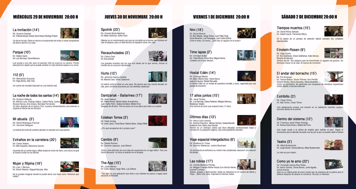 VIII Semana del Cortometraje de Arganzuela
Entrada gratuita hasta completar aforo
del 28 de noviembre al 2 de diciembre 20:00 h
Auditorio de la Casa del Reloj (Paseo de la Chopera, 6) 
Los 28 mejores cortos del año, con premios del público, coloquios, sorteo y refrigerio.