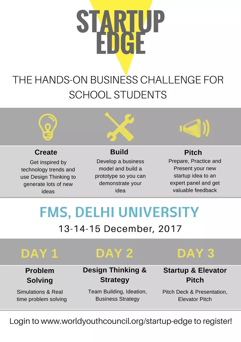 wyc_action's tweet image. Limited entries only for #StartupEdge - The Hands-On Business Challenge being held at @FMS_Delhi on 13-15 December. #StartupIndia @startupindia 

Register today: worldyouthcouncil.org/startup-edge