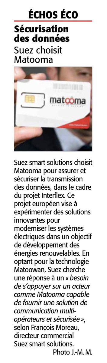 MatoomaM2M's tweet photo. Avec le #MatooWan, @suezFR cherche une réponse à un "besoin de s'appuyer sur un acteur comme Matooma capable de fournir une solution de communication multi-opérateurs et sécurisée" via @Midilibre #IoT #M2M https://t.co/x1WFMgkJ6G https://t.co/4TzDL5Cs8K