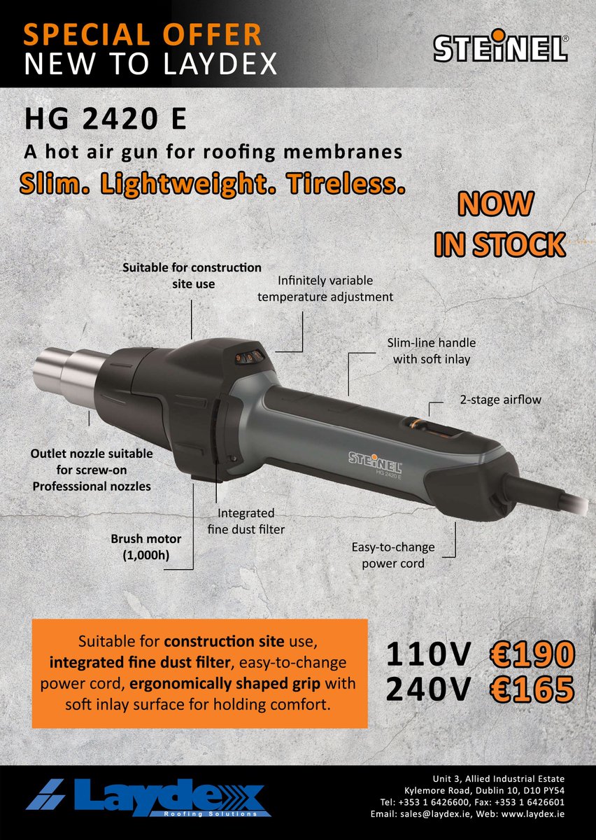 LaydexLtd's tweet photo. NOW IN STOCK: #STEINEL hot air gun for roofing membranes. Lightweight. Tireless. https://t.co/8TLpNbalCu #construction #roofing #laydex https://t.co/CMuO6GEVov