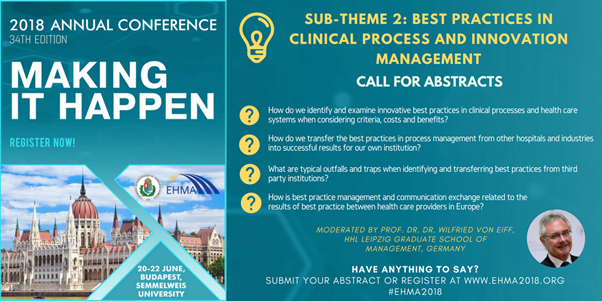 EHMAinfo's tweet image. Check out the discussion questions for the 2nd abstract sub-theme to be discussed at #EHMA2018 &apos;s Annual Conference: Best Practices in #ClinicalProcess and Innovation #Management. Submit your abstract and join us for the Conference in Budapest! More info : ehma2018.org/event/annual-c…