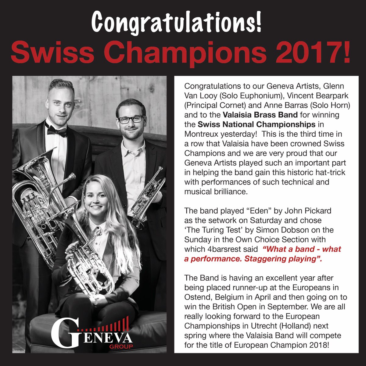 Congratulations to our artists Glenn Van Looy, Vincent Bearpark, Anne Barras and to <a href="/Valaisia_BB/">Valaisia Brass Band</a> on their brilliant performances at the weekend and for becoming Swiss National Champions 2017!
#genevagroup #genevainstruments @MusikMeyerAG #swissnat2017
<a href="/GlennVL/">Glenn Van Looy</a> <a href="/Mu10Vinz/">Vincent Bearpark</a>