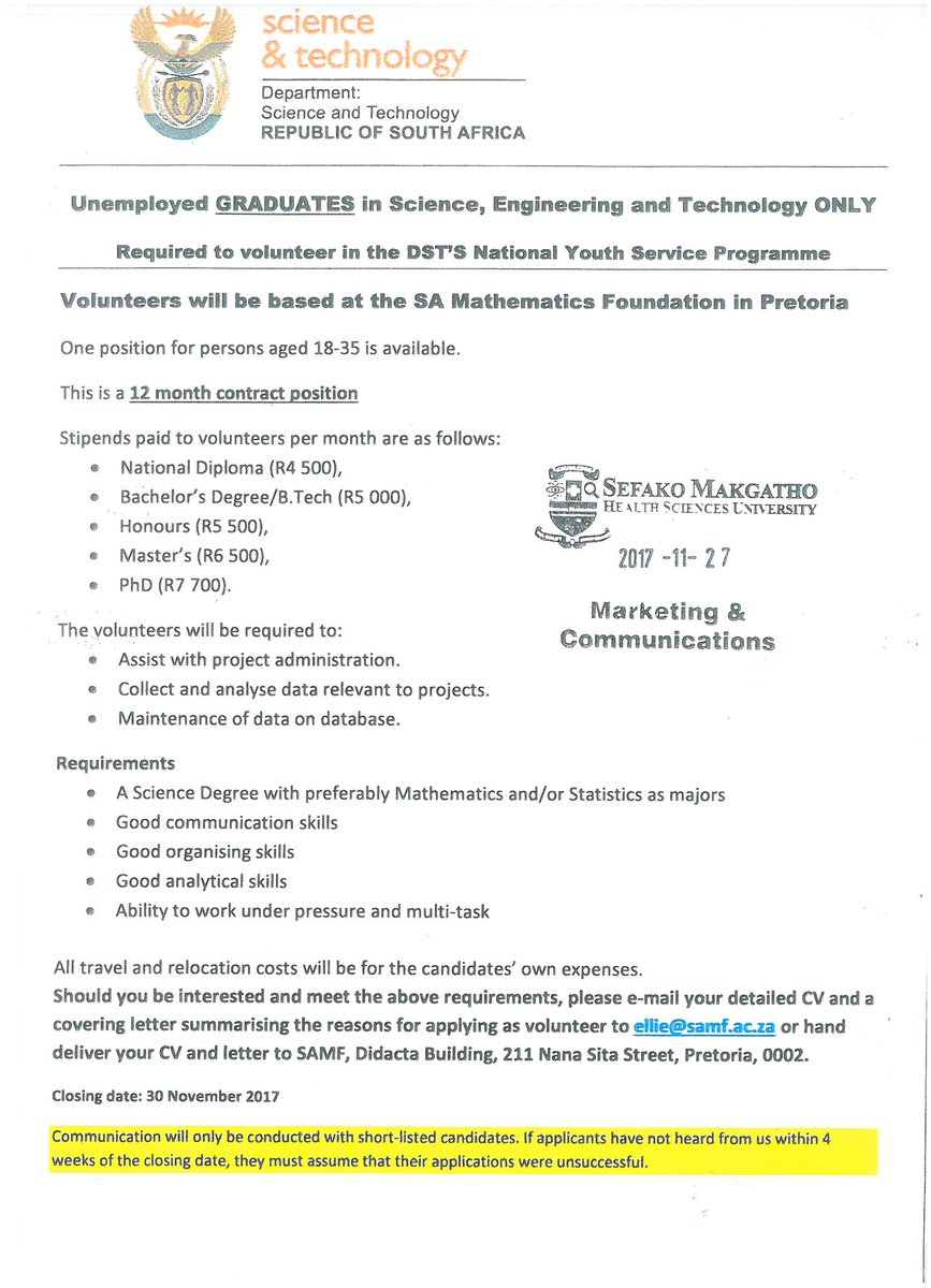 SMU_SA's tweet photo. Volunteers Needed: Unemployed Graduates in Science, Engineering and Technology are required to volunteer in the Department of Science and Technology (DST)'s National Youth Service Programme. Application closing date: Thursday, 30 November 2017. #WeAreSMU. https://t.co/73ephlPKQy