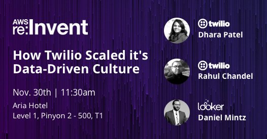 IntraJason's tweet image. Don&apos;t miss @Twilio&apos;s session on scaling a #datadriven culture w/ @awscloud + @Lookerdata at AWS #reInvent. bit.ly/2hVgGrK