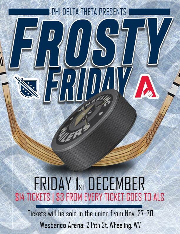 WLU_GreekLife's tweet photo. Phi Delta Theta is hosting Frosty Friday at the nailers game on December 1st. They will be selling tickets in the union 11-1 this week! Tickets will be $14 and $3 from every ticket sold will go to the ALS Foundation https://t.co/48vu4nDWBY