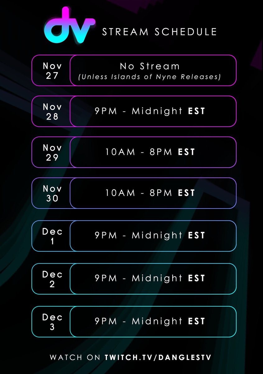DanglesTV2's tweet photo. This weeks stream schedule! 

https://t.co/Tsx7vBXfwH https://t.co/7s0UFAfurq