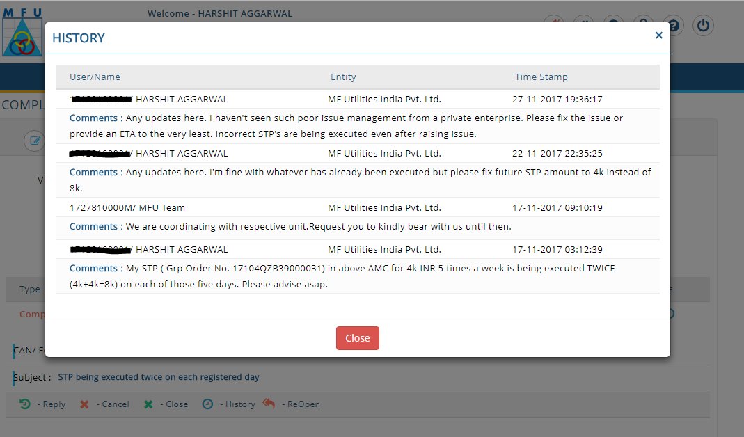 fintechmonk's tweet photo. #mfutility has bugs in STP implementation and tops it up with pathetic issue management. No SLA, no ETA in 8 business days, two more incorrect stp executed. #frustrated @VRameshV_ . Great initiative, poor implementation. https://t.co/xDSVS7NIH7
