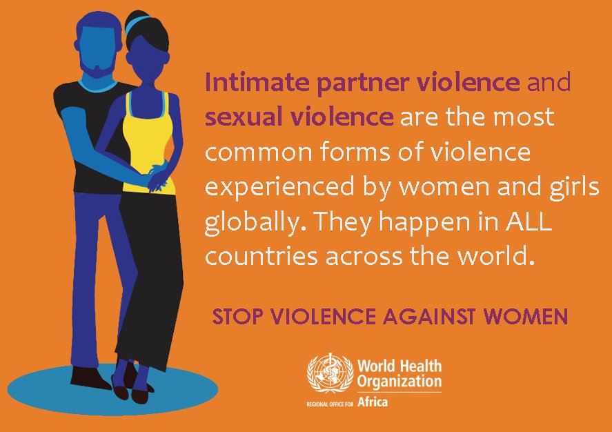 WHO's tweet photo. Women and girls can experience violence from:
A husband
A boyfriend
An intimate partner
A lover
A parent
A relative
A colleague
A boss
A stranger 
#ENDviolence against women and girls! 
#16Days #OrangeTheWorld https://t.co/e4gXLCOAZO