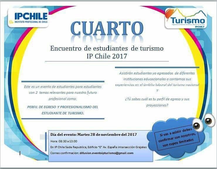 RedTurismoChile's tweet photo. PROGRAMA OFICIAL  IV Encuentro estudiantes de turismo "Hablemos de nuestro futuro" organizado x alumnos de #Turismo @IPCHILE 🎓🇨🇱
Donde #RedTurismoChile va estar presente en el panel de conversación "Perfil de egreso 
de la carrera de turismo en Chile" 🛎Lun27 y mar28 de NOV https://t.co/6Xrq8EQyLg