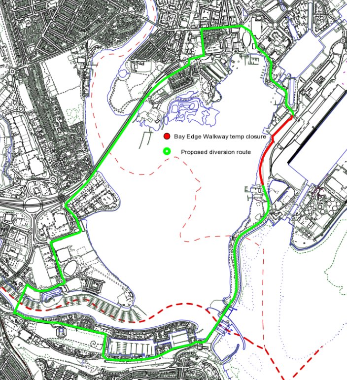 WalesCoastPath's tweet photo. Temporary Diversion from 27/11/2017 to 08/12/2017 on the #BayEdgeWalkway from #PorthTeigr to #EnvironmentBuilding in #CardiffBay - Follow signs for #CardiffBayTrail and re-join the #walescoastpath at the #MilleniumCentre. (Normal route on @SustransCymru https://t.co/mBVEHSfKiJ) https://t.co/u5FXHaJl4d