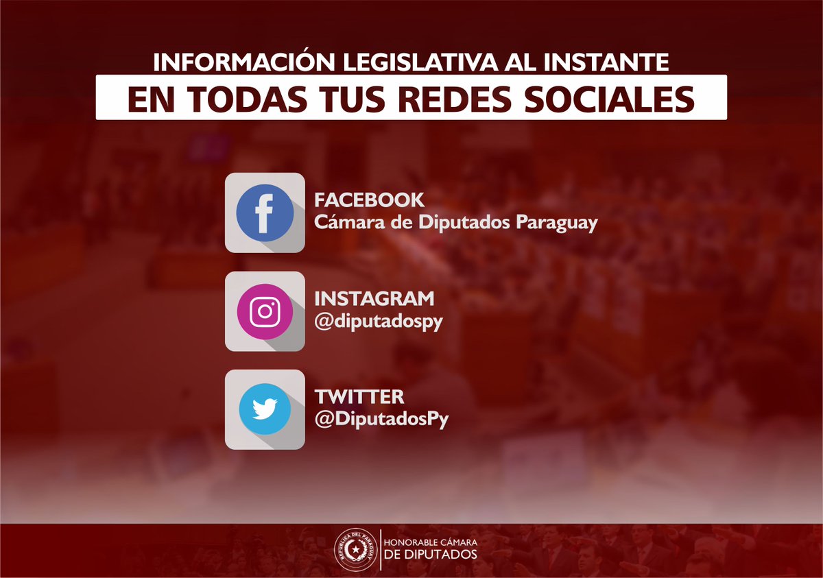 DiputadosPy's tweet photo. Te recordamos que toda la información del plano legislativo, lo pueden seguir a través de nuestras cuentas oficiales en las redes sociales Facebook, Twitter e Instagram...

Síguenos!!! https://t.co/NpO5ig4vGM