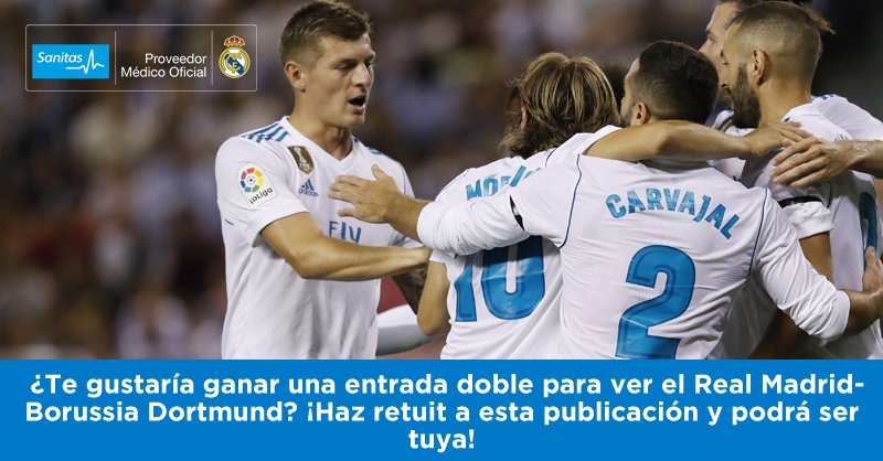 sanitas's tweet photo. ¿Quieres ganar una de las 4 entradas dobles que sorteamos para ver el
@realmadrid v. @borussia ? ¡Solo tienes que hacer RT a esta publicación! PARTICIPA y podrás ser uno de los ganadores. Bases legales aquí ▶️  https://t.co/tofY23edHp https://t.co/O35xirYpAx