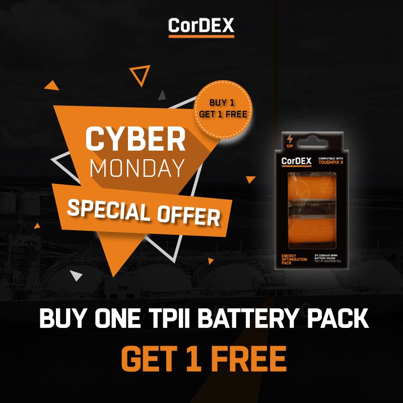 CorDEX_IS's tweet photo. Need a Twin Battery Pack for your ToughPIX II? Today you can get 2 for the price of 1 with our #CyberMonday offer! Simply follow this link https://t.co/Y5gts78i20, add 2 to your basket and use the discount code: CMONDAY2 to get one for FREE! #sale #CorDEXtools #electrician https://t.co/LdnHonCnox