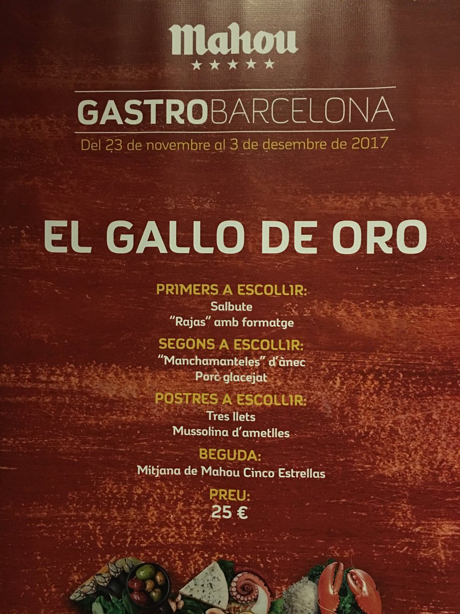 ElGallodeOroBCN's tweet photo. 🔊 Descobreix la nostra gastronomia amb el sabor de @mahou_es!! 🍻
🍽️ Menú de cinc estrelles a preu molt especial. #GastroBarcelona 
🗓️ Del 23 de novembre al 3 de desembre. #rutas #gastronomia #barcelona #mahou #NoTeLoPierdas #elgallodeorobcn #SagradaFamilia https://t.co/6hf9zXEzyE
