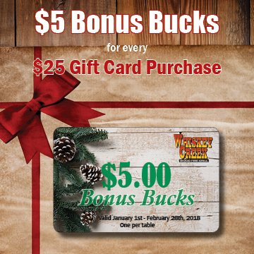 WCWFG's tweet photo. Today Only - for every $25 gift card purchase on our website, receive $5 in bonus bucks! #CyberMonday https://t.co/qdzDi9Mkmt