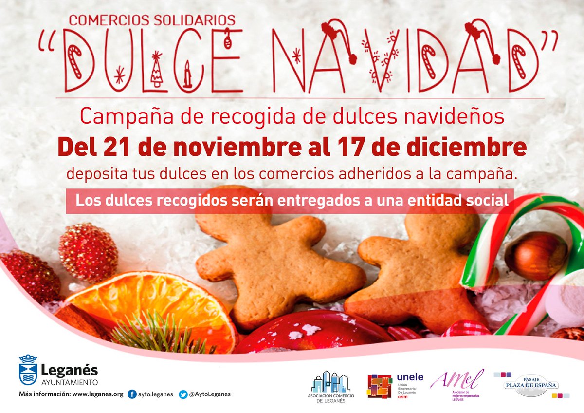 Tod@s queremos una dulce  🍭 Navidad 🎄🎁 y por eso te invitamos a que colabores con los comercios solidarios de #Leganés en esta campaña 👇
¡Invita a participar a tus amigos, familiares y conocidos!