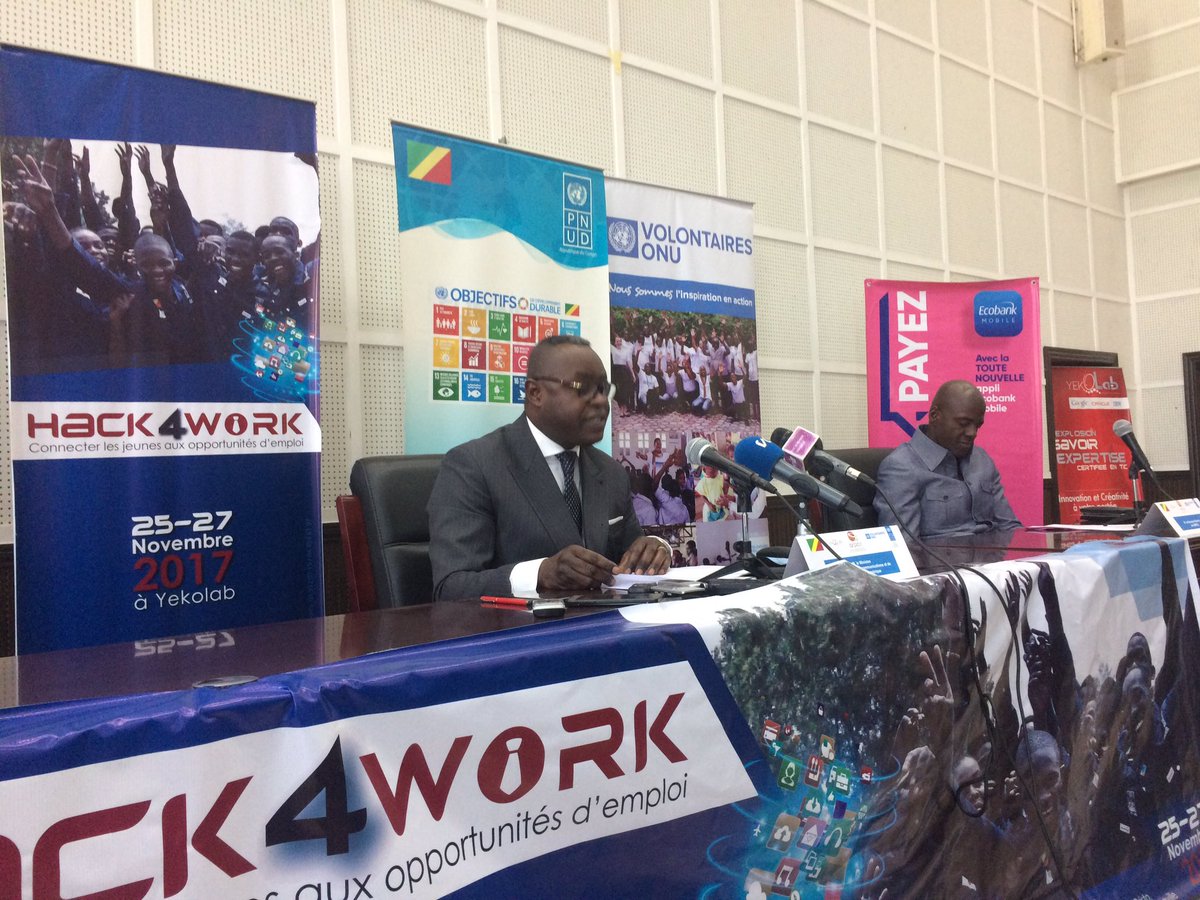 PNUDRepduCongo's tweet photo. "Il appartient à la jeunesse de s'impliquer dans l'économie #numérique" M le Ministre @PostesTelecomcg "L'avenir de notre pays réside dans votre capacité à innover" #Hack4work @PostesTelecomcg @ARPCECongo, @VNUCongo, @PNUDRepduCongo, @airtel_congob #BCICongo, #Ecobank https://t.co/nvbDogIAQk