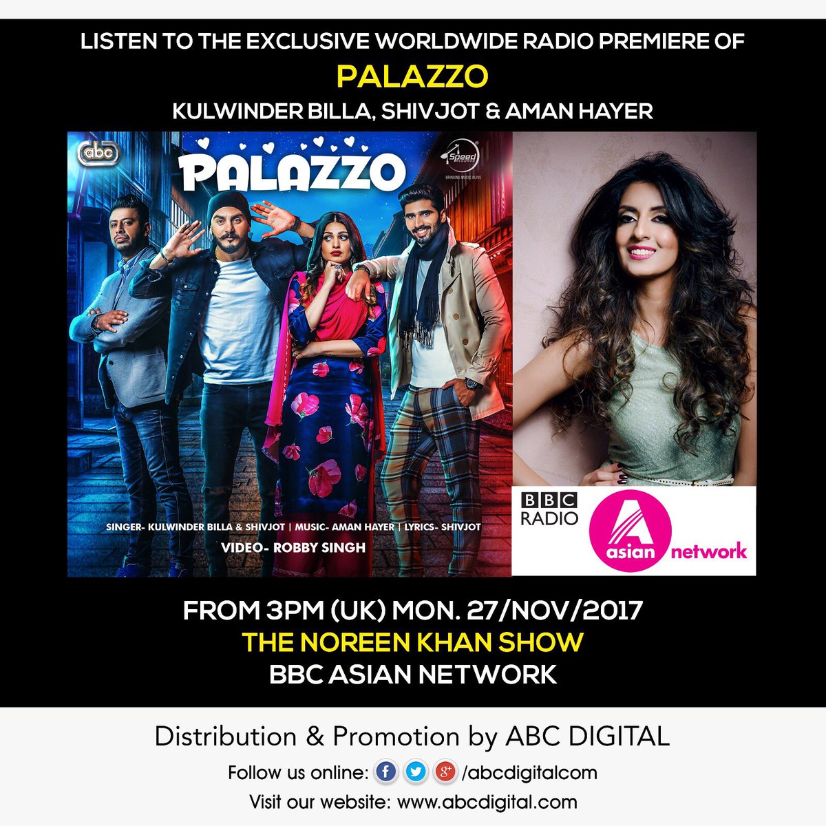 Tune into the <a href="/DJNoreenKhan/">Noreen Khan</a> show on <a href="/bbcasiannetwork/">BBC Asian Network</a> for the worldwide radio premiere of #Palazzo by <a href="/KulwinderBilla1/">Kulwinder Billa</a> #shivjot <a href="/AmanHayer1/">Aman Hayer</a>
