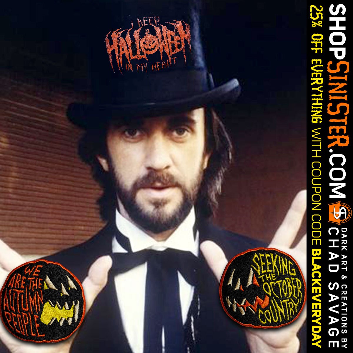 HauntedChicago's tweet photo. Mr. Dark sez "You have until midnight tonight to get 25% OFF everything at https://t.co/3B6mQX8Emb with coupon code BLACKEVERYDAY" #horrorpin #skullpin #horrorpatch #skullpatch #skull #skulls #vampire #nosferatu #horrormerch #patchgame #patchcommand #merchgame #pingame #darkart https://t.co/A4CyKn3iEg