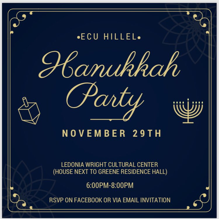 Our last event of the semester is Wednesday! It’s our annual Hanukkah Party at 6pm in LWCC we would love to see you there! Please make sure to RSVP on our Facebook event or via email! #ecu18 #ecu19 #ecu20 #ecu21 #hillel #hanukkah #jewish #eastcarolinauniversity