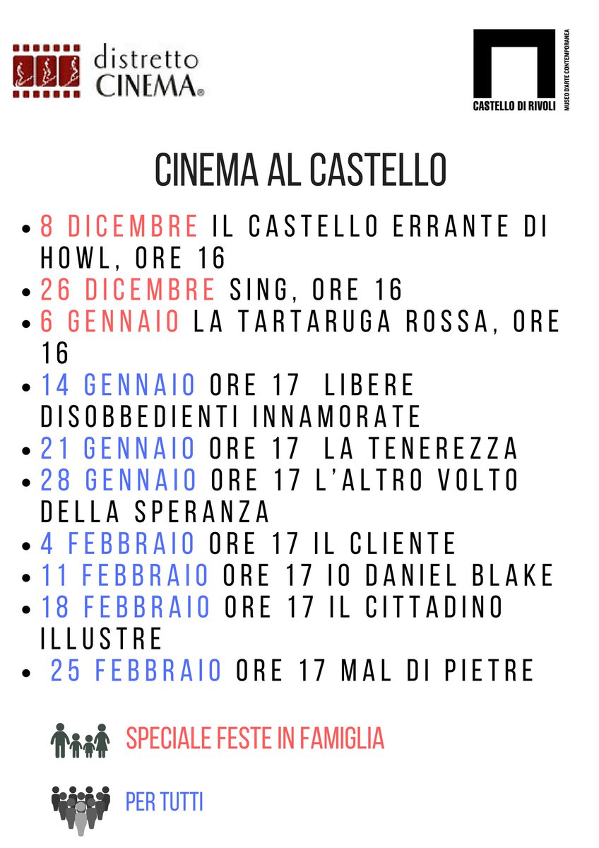 distrettocinema's tweet photo. Dall'otto dicembre al 25 febbraio la rassegna di cinema a @rivolicast per adulti e bambini #cinemaalcastello https://t.co/vVKpUTCsjS https://t.co/EJUCSs836F