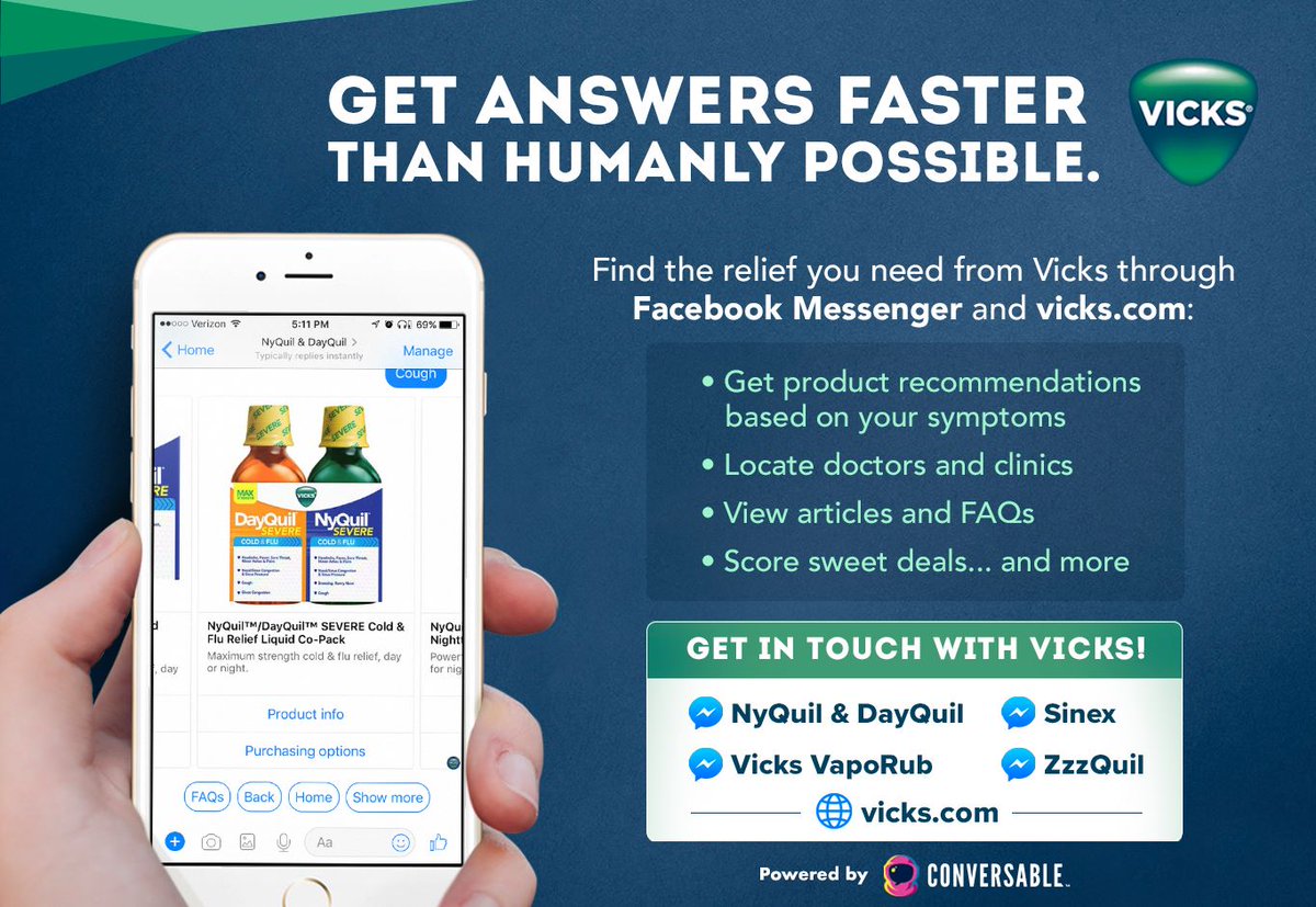 conversable's tweet photo. Flu got you down?  The Vicks Messenger bot has you covered - check it out: https://t.co/ZZ6Hri7zlZ.  Powered by @Conversable! https://t.co/uaitgcf6LR