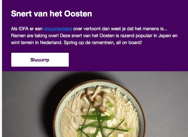 Na het lezen van de Deliveroo-nieuwsbrief precies nul zin om op de Ramentrein te springen; a.k.a. snert van het Oosten a.k.a. razend populaire snack in het land Japen. Japen ja.