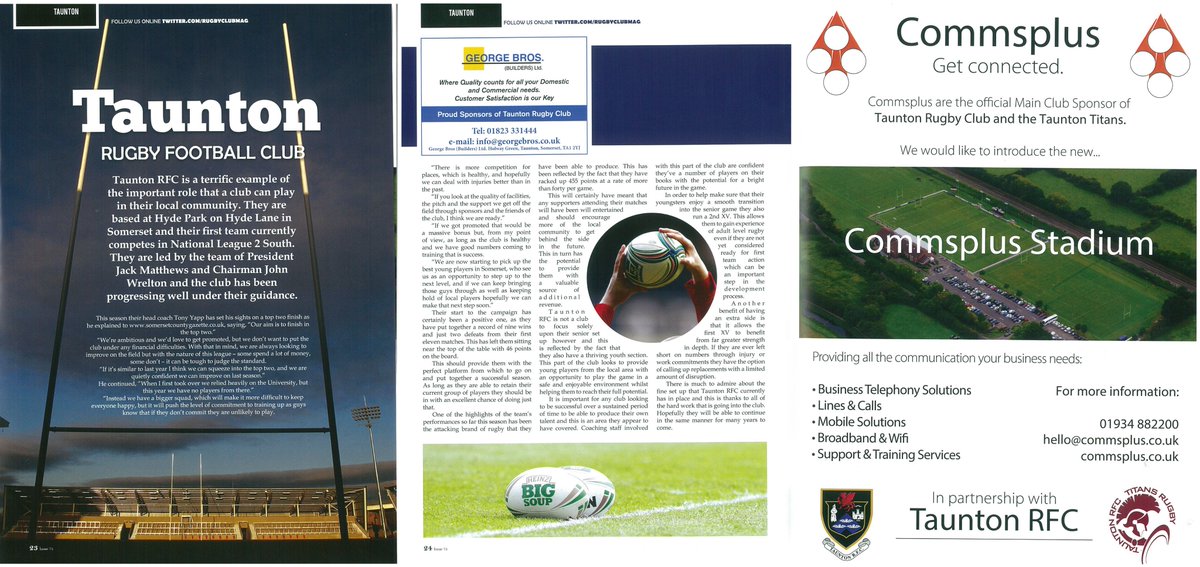 Commsplus's tweet photo. Take a look at the @Taunton_RFC editorial in the latest edition of the @RugbyClubMag. Featuring the new #CommsplusStadium! https://t.co/EL3iFQ1mb9