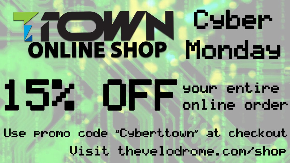 thevelodrome's tweet photo. It's #CyberMonday in T-Town! Our discounts are continuing in the online store and today only take another 15% OFF everything by using the code Cyberttown at checkout! SHOP: https://t.co/B5gi4SP48P #ttown https://t.co/xPTjdRqnWr
