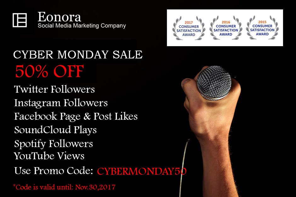 eonoraUS's tweet photo. Cyber Monday Sale!
50% OFF!
Buy Real, Active Twitter Followers
Buy YouTube Views
Buy Real Soundcloud Plays
Buy Real Facebook Page &amp; Post Likes
Buy Active Instagram Followers 
Buy Spotify Followers
https://t.co/0AhUqI2mIn  
#CyberMonday #MondayMotivation #Sale #coupon #discount https://t.co/fhxYGxnnBB