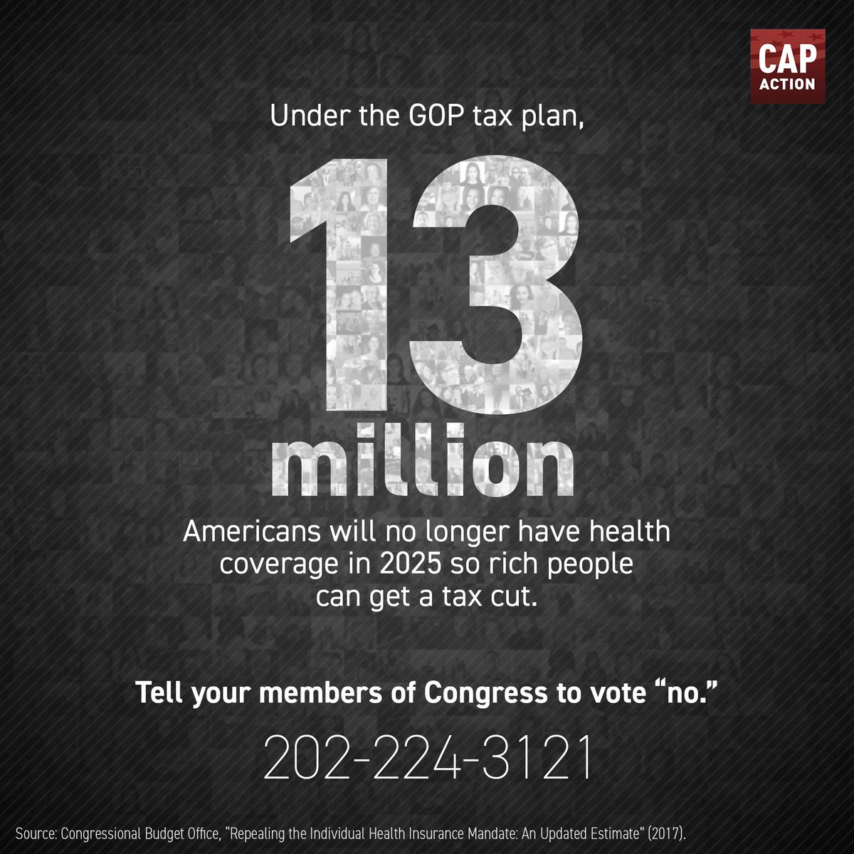 CAPAction's tweet photo. The Senate will be voting on a tax bill that results in 13 million fewer Americans covered by health insurance. 

Call your senator at https://t.co/g11ISfRxG7.  #GOPTaxScam https://t.co/fwlOG3R3L7