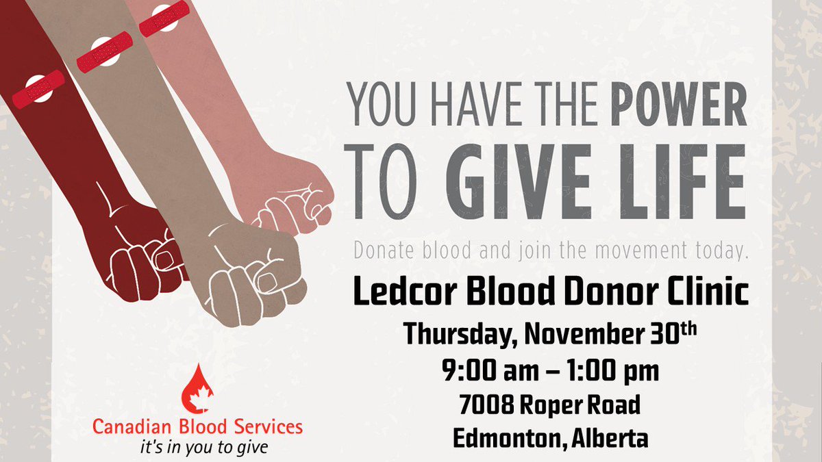 LedcorCareers's tweet photo. REMINDER: Our Edmonton office is hosting the last #blooddonor clinic of the year on Nov 30. Join #OurTrueBlue team @itsinyoutogive #GiveLife https://t.co/MjbNXSmBTD