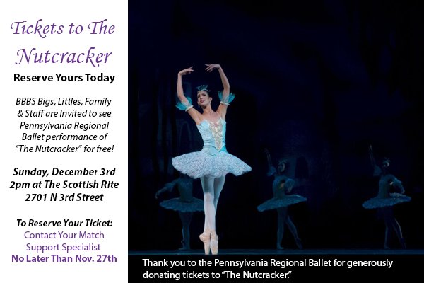BBBSCapRegion's tweet photo. Today is the LAST DAY to reserve your FREE ticket to "The Nutcracker!" Contact your Match Support Specialist to request your free tickets. Thank you @PARegBallet for donating these tickets for our Bigs, Littles, Families & Staff. https://t.co/JcVd8YTO6W