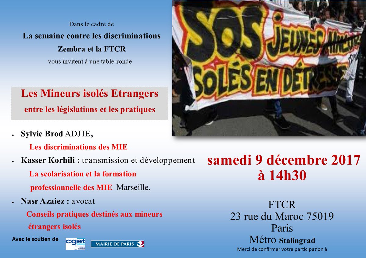 _FTCR's tweet photo. Dans le cadre de la semaine contre les discriminations, Rencontre "les mineurs isolés étrangers entre législations et les pratiques"
Le 9 décembre à 14h30
23 rue du Maroc Paris 19e
#Mie https://t.co/SB73LsqEN9