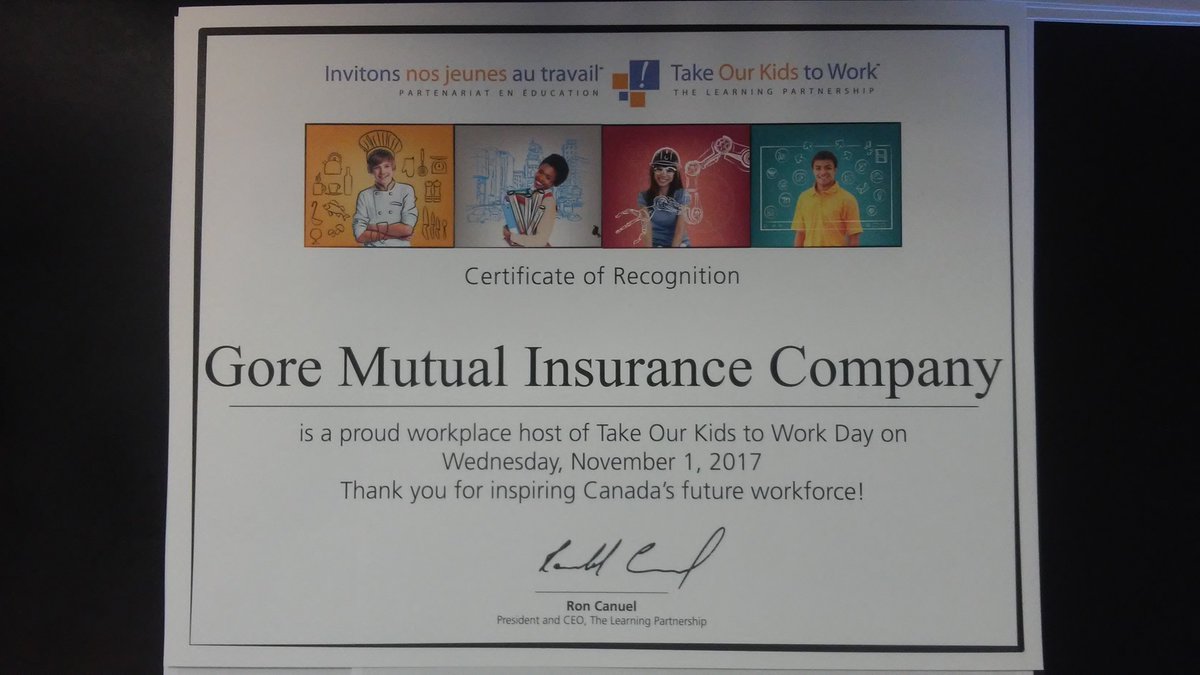 AtGoreMutual's tweet photo. Thank you @TLPCanada for the certificate! It's always a great experience hosting #TakeYourKidsToWorkDay! Until next year! #MakeYourMark #GoreMutual https://t.co/FbC9eZMCWx