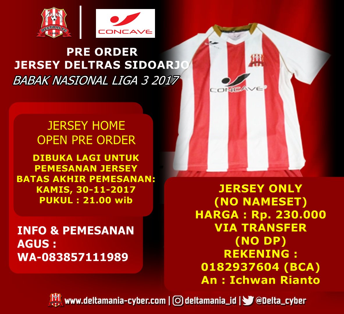 Bagi Yang Belum Order Jersey Home Deltras Sidoarjo kemarin..
Kami Kembali Membuka Pemesanan Jersey Deltras Lagi.
#MARIBANGKIT