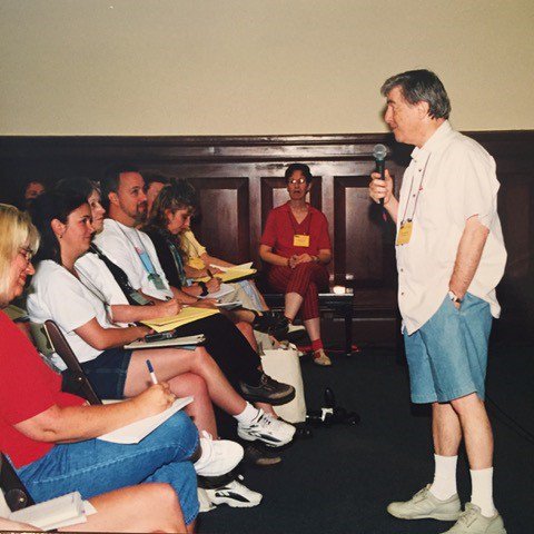 RedDeerPress's tweet photo. “Never stop being a student of your craft.” – @CarolinePignat, pictured here at @JerrySpinelli1's 2003 workshop that inspired Egghead. Learn more here: https://t.co/bSO7EmjSyL #10yearsofEgghead #canlit #ya https://t.co/EMv29mMP77