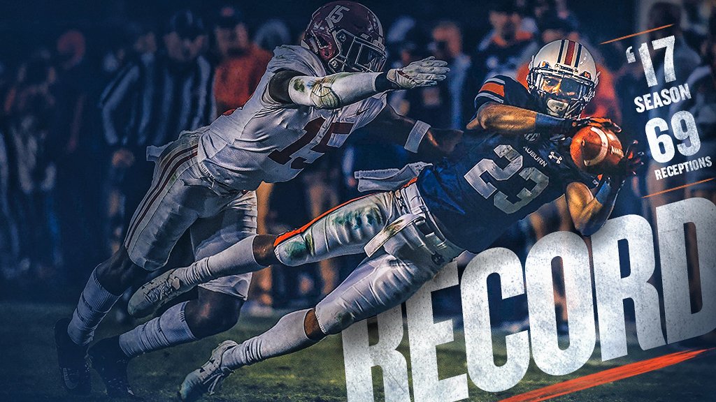 AuburnFootball's tweet photo. With 6️⃣9️⃣ catches this season, @thaRD5 has set Auburn's single-season record for receptions.

#WarEagle https://t.co/NUnw06XdU0