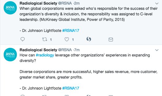 nxtstop1's tweet photo. Day 2: #RSNA17 Session on Diversity and Inclusion >related hashtags 

include #RADxx #WomenInRadiology #womenirads #RADiversity #RADswomen cc @AAWR_org  {#DualHashtags}

Multiple speakers

TY @RSNA for live tweeting this session #gender #minorities #STEM
See more tweets 🔽 https://t.co/RayG59BV7f