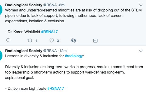 nxtstop1's tweet photo. Day 2: #RSNA17 Session on Diversity and Inclusion >related hashtags 

include #RADxx #WomenInRadiology #womenirads #RADiversity #RADswomen cc @AAWR_org  {#DualHashtags}

Multiple speakers

TY @RSNA for live tweeting this session #gender #minorities #STEM
See more tweets 🔽 https://t.co/RayG59BV7f