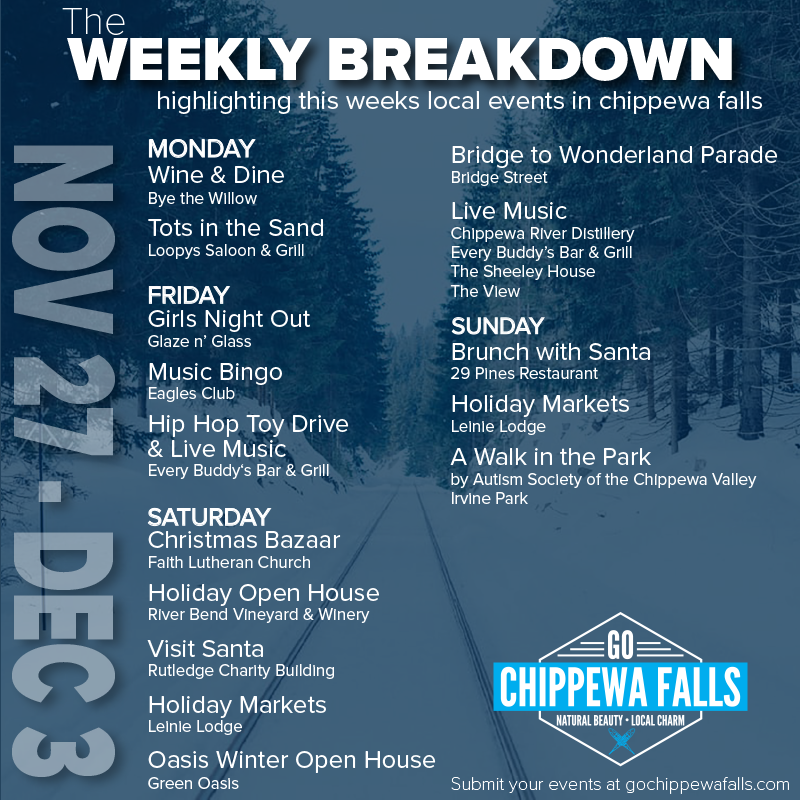 GoChippewaCty's tweet photo. #WeeklyBreakdown Revision* Check out some events going on in Chippewa Falls this week. For more info or to submit an event, visit https://t.co/OWjziaJ1uv https://t.co/Vb5uRuPIVa