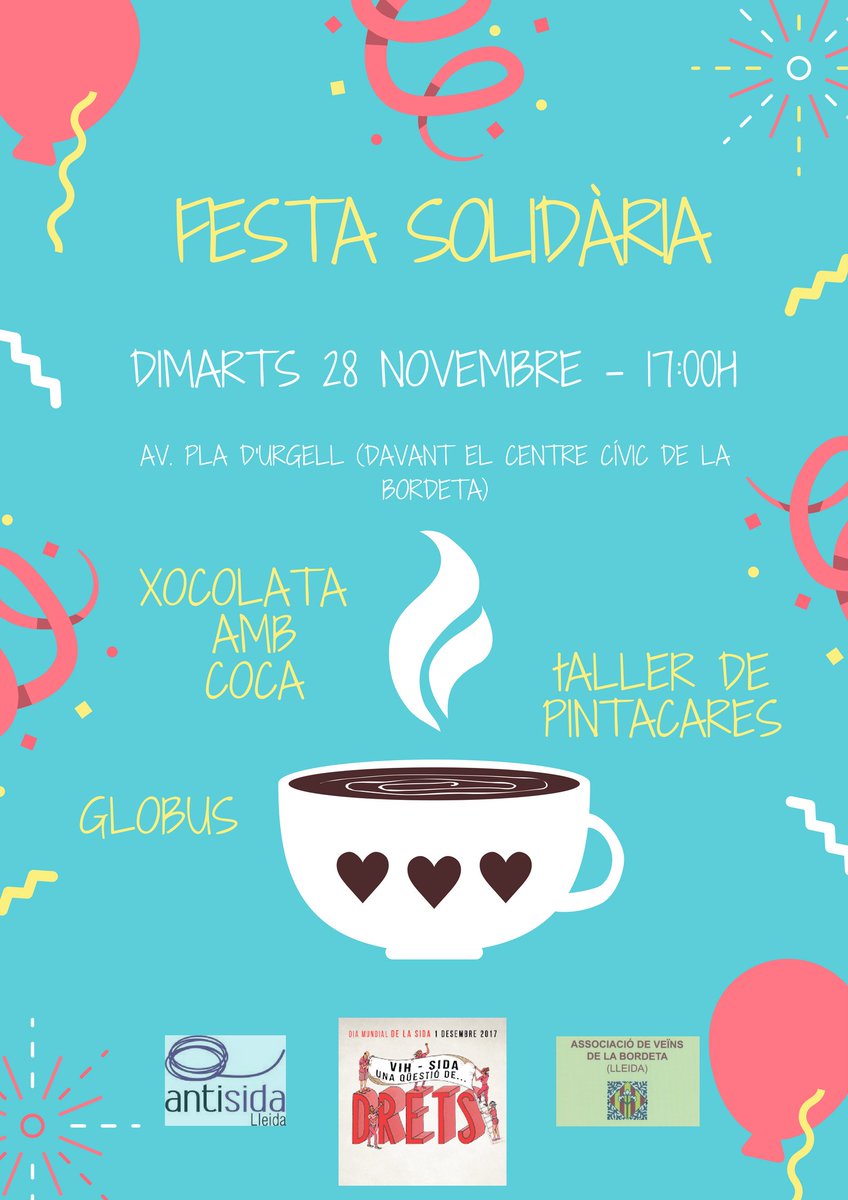 antisidalleida's tweet photo. 📢En el marc dels actes organitzats per commemorar el Dia Mundial de Lluita contra la #Sida, l'1 de desembre, demà, dimarts 28 de novembre, us esperem a la XOCOLATADA POPULAR a la Bordeta de Lleida 👍 #DMS17 https://t.co/q9Opm7HhXx
