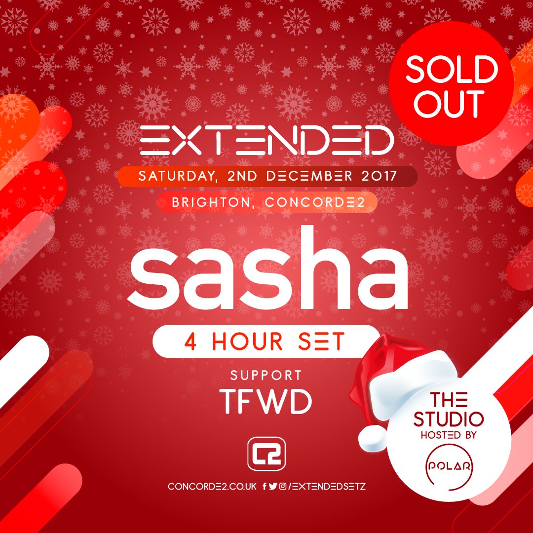 Extendedsetz's tweet photo. Thrilled to announce our final show of the year with @sashaofficial @concorde_2 is now Sold Out! Look forward to dancing with you all this Saturday X #Brighton https://t.co/GF6ZiKqXzw