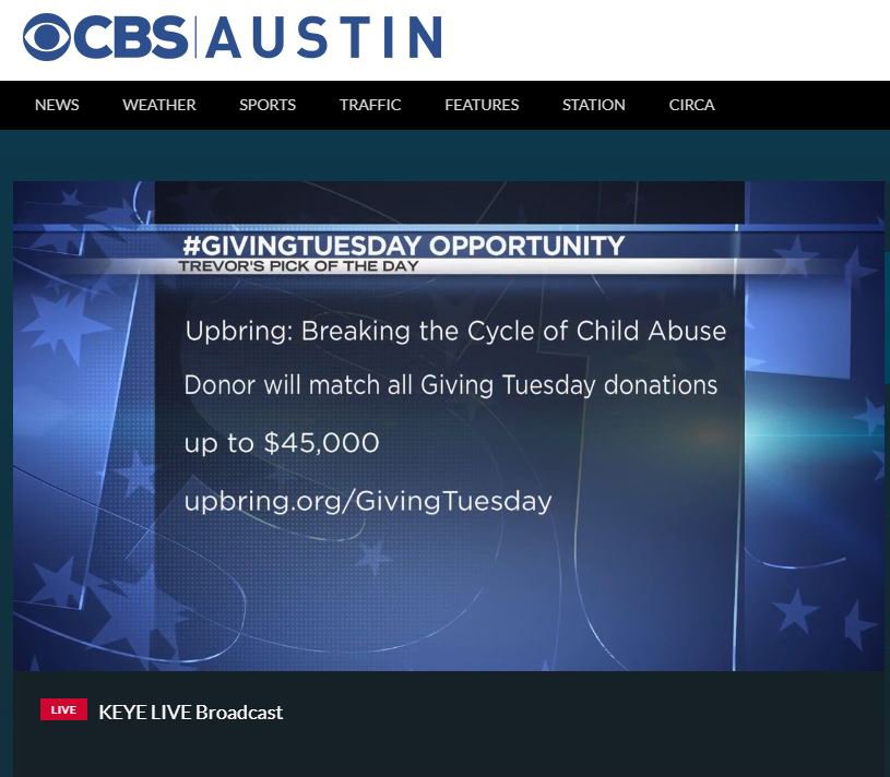 UpbringOrg's tweet photo. THANK YOU to @CBSAustin @WeAreAustin @TrevorScottATX for selecting @UpbringOrg and #GivingTuesday as their Pick of The Day today!  We are humbled to be breaking the cycle of child abuse with your support 💗

Learn More: https://t.co/r866bipedY https://t.co/CwLoVBGMX8