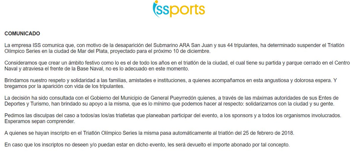 kmakminfo's tweet photo. Se suspendió la realización del Triatlón Olímpico de Mar del Plata por la desaparición del submarino #ARASanJuan https://t.co/8ngwqP88x7