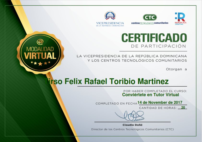 toribiorafael's tweet photo. Mi Certificado del Curso Tutor Virtual. Recuerda que @CTCRD ahora es #CTCVirtual @RepDigitalDO https://t.co/aDOCDPAFnf